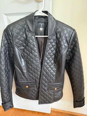 Tahari Black Quilted Faux Leather Open-Front Jacket